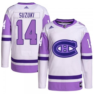 Nick Suzuki Montreal Canadiens Adidas Authentic Hockey Fights Cancer Primegreen Jersey (White/Purple)